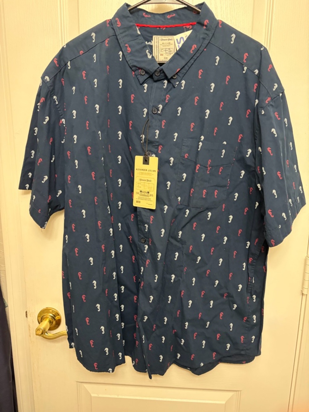 Men's Navy Short-Sleeve Button-Up Shirt with Seahorse Print